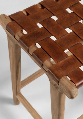 KAVE HOME Calixta hj skammel, rektangulr - brun lder og natur teaktr (H:67)