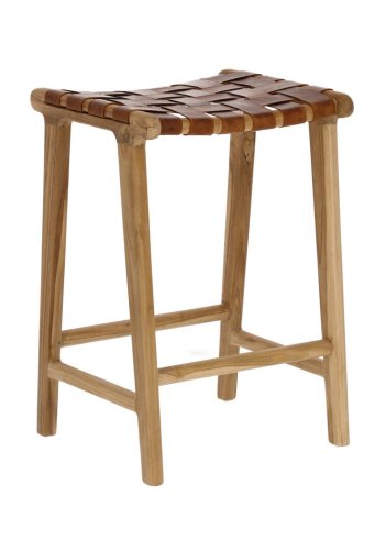 KAVE HOME Calixta hj skammel, rektangulr - brun lder og natur teaktr (H:67)