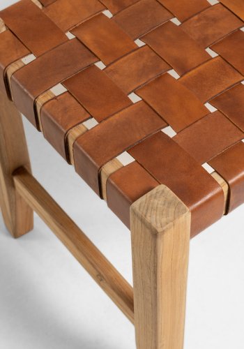 KAVE HOME Calixta bnk, rektangulr - brun lder og natur teaktr (120x40)