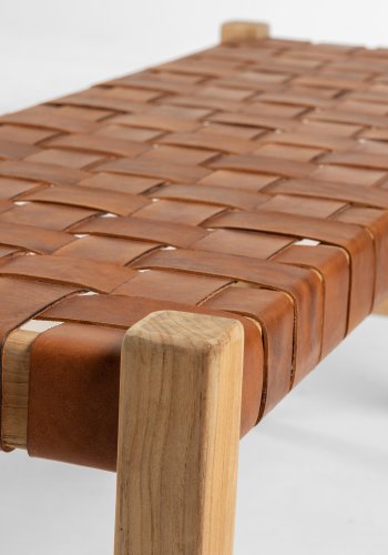 KAVE HOME Calixta bnk, rektangulr - brun lder og natur teaktr (120x40)