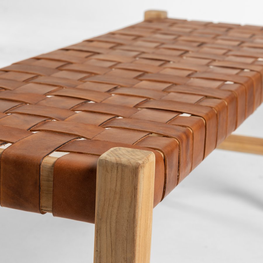 KAVE HOME Calixta bnk, rektangulr - brun lder og natur teaktr (120x40)