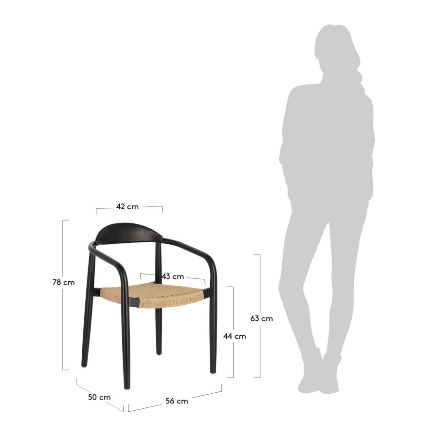 KAVE HOME Glynis spisebordsstol, m. armln - massivt mat sort eukalyptus tr og natur flettet reb