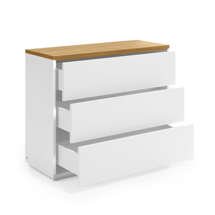 KAVE HOME Abilen kommode, m. 3 skuffer - hvid MDF og natur egetrsfinèr 
