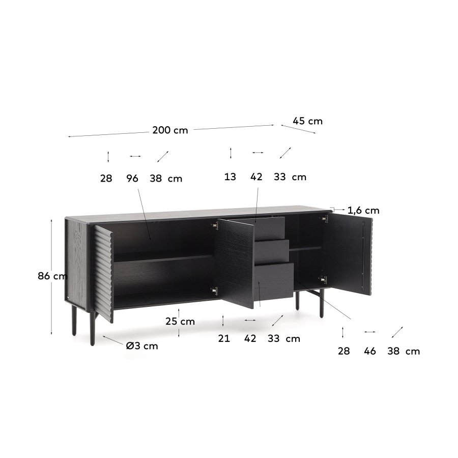 KAVE HOME Lenon sknk 3 lger og 3 skuffer massivt tr og sort egefiner 200x86cm FSC Mix Cre