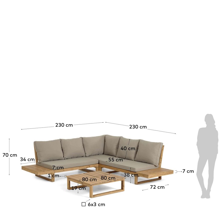 KAVE HOME Flaviina 5 pers. havesofa, m. hynder og havebord - beige stof og natur akacietr