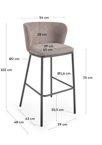 KAVE HOME Ciselia barstol, m. rygln og fodsttte - lysebrun chenille stof og sort stl