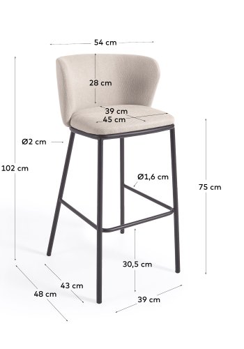 KAVE HOME Ciselia barstol, m. rygln og fodsttte - beige chenille stof og sort stl