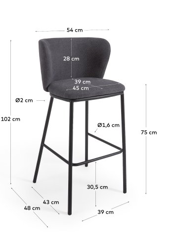 KAVE HOME Ciselia barstol, m. rygln og fodsttte - mrkegr chenille stof og sort stl