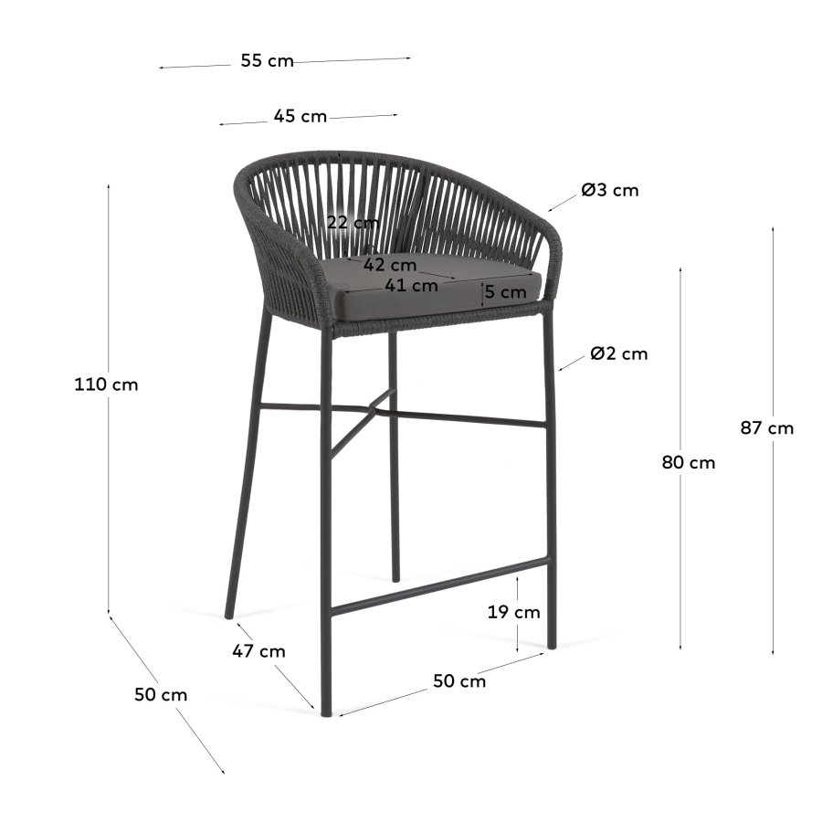 KAVE HOME Yanet barstol, m. hynde, armln og fodsttte - sort snor og sort stl