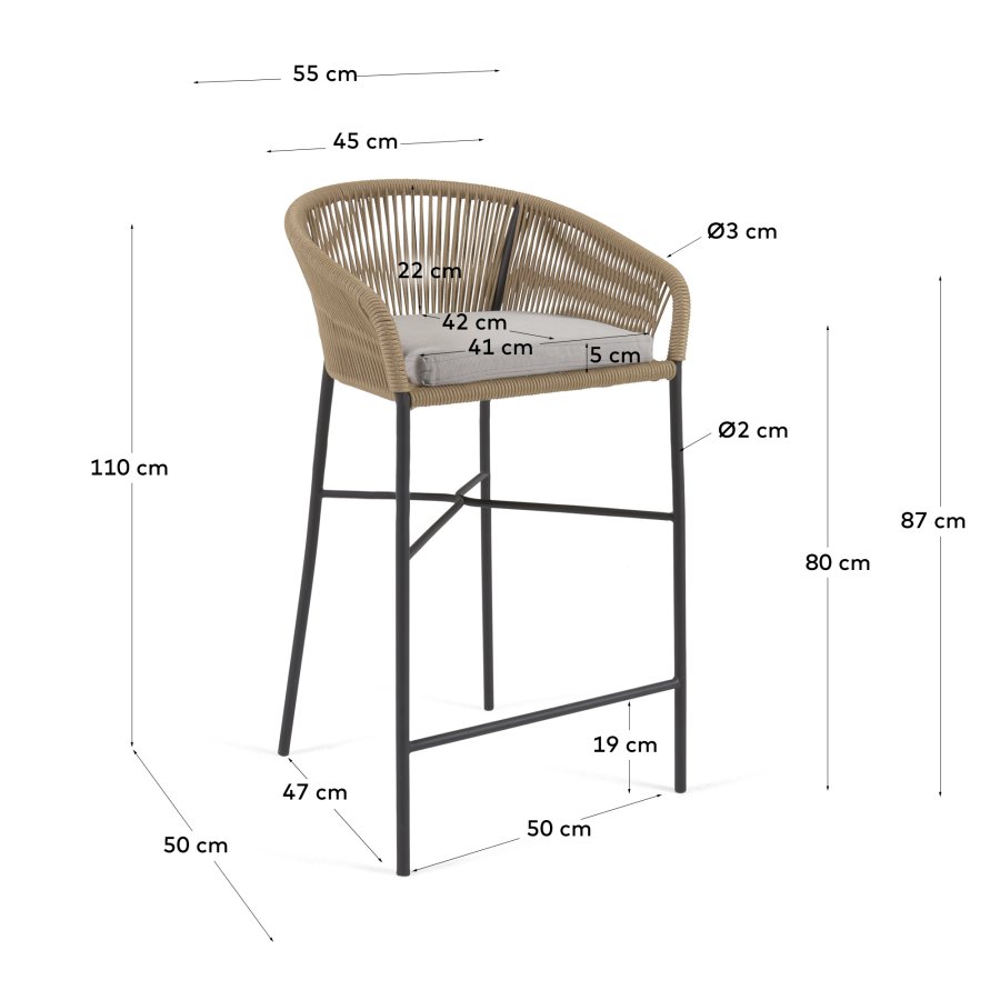 KAVE HOME Yanet barstol, m. hynde, armln og fodsttte - beige snor og stl
