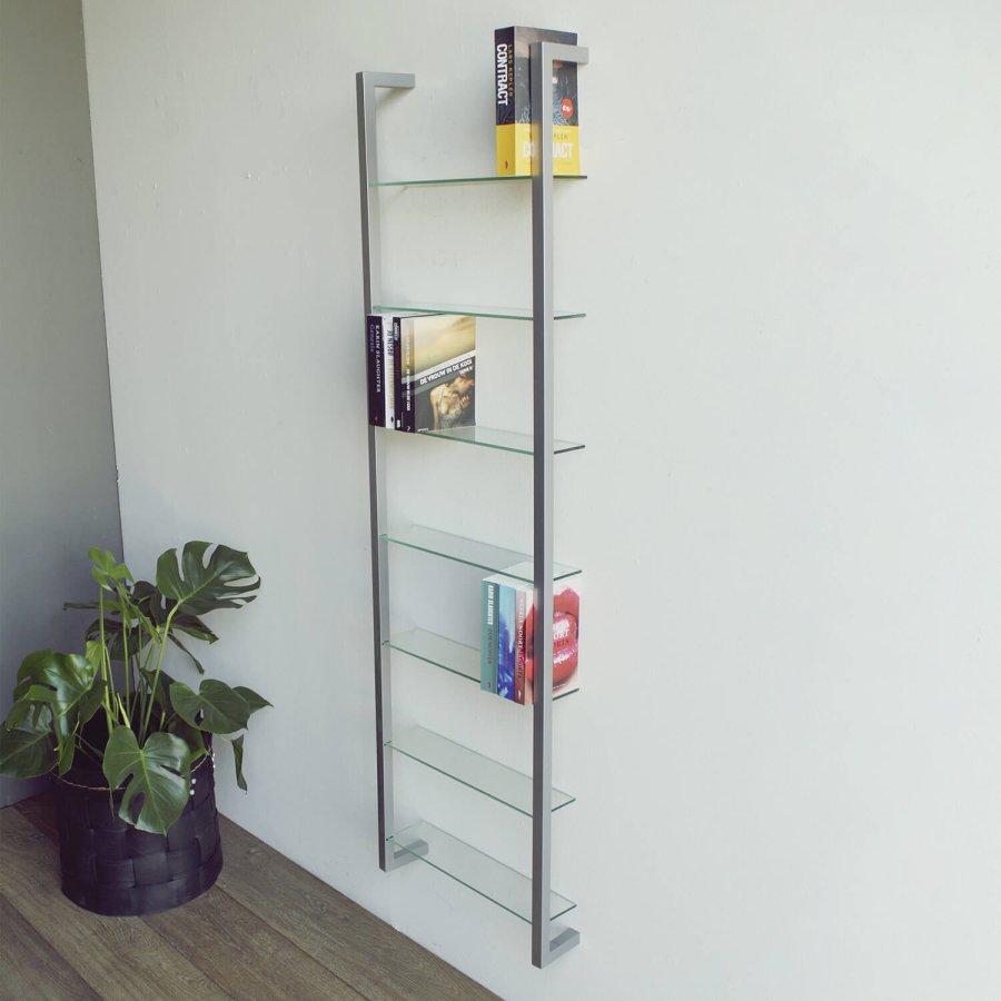 SPINDER DESIGN rektangulr Cubic reol, m. 7 hylder - glas og gr stl