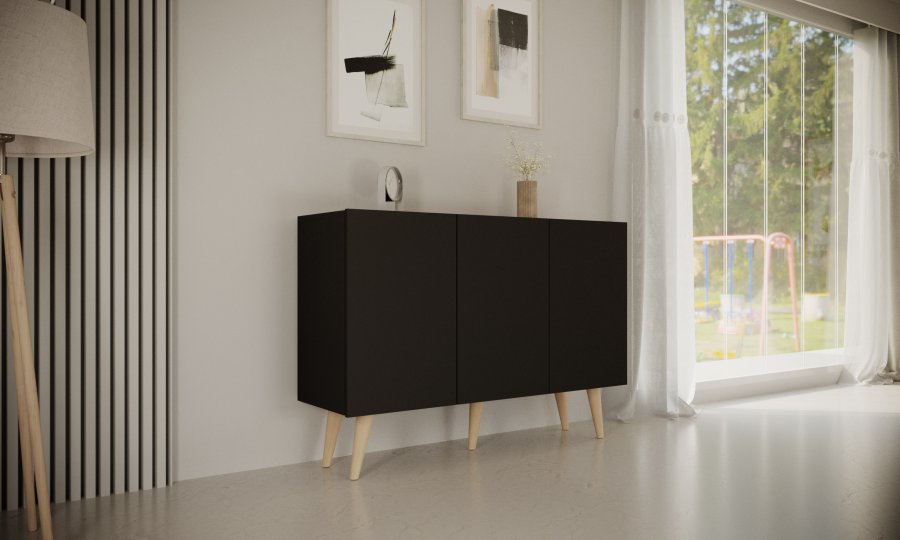 KOCOT Toronto kommode, m. 3 lger og 3 hylder - sort bgetr