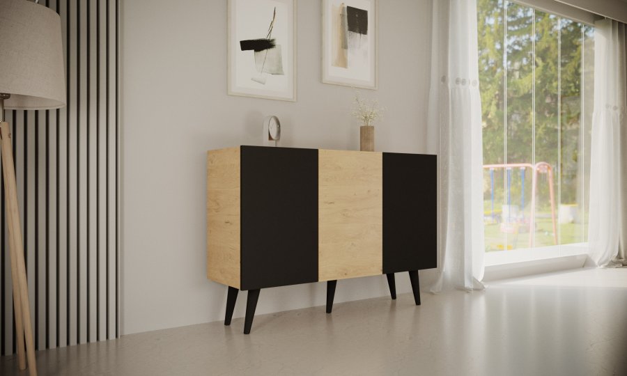 KOCOT Toronto kommode, m. 3 lger og 3 hylder - natur og sort bgetr