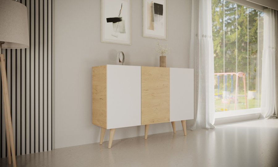 KOCOT Toronto kommode, m. 3 lger og 3 hylder - natur og hvid bgetr