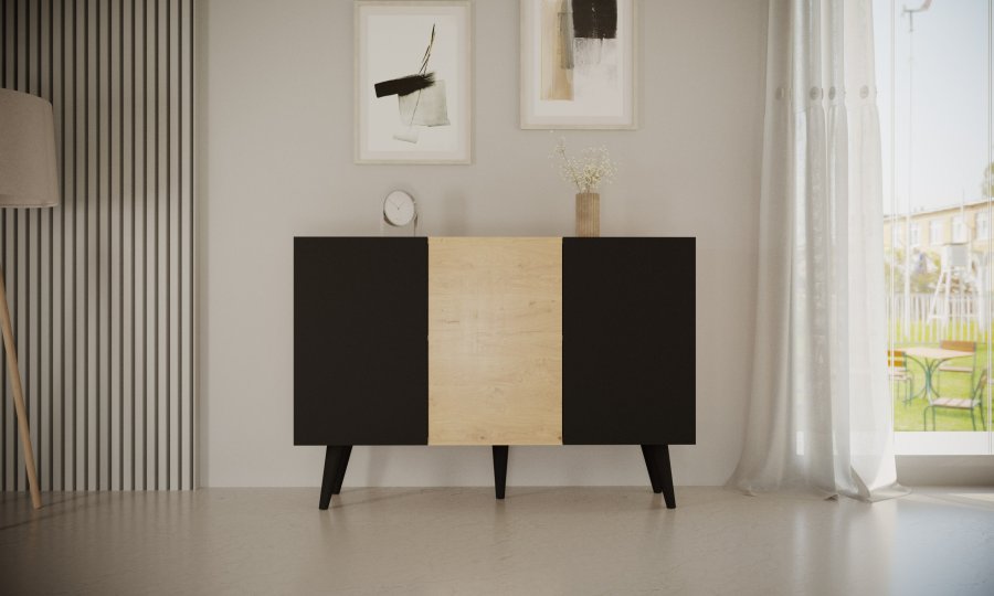 KOCOT Toronto kommode, m. 3 lger og 3 hylder - natur og sort bgetr