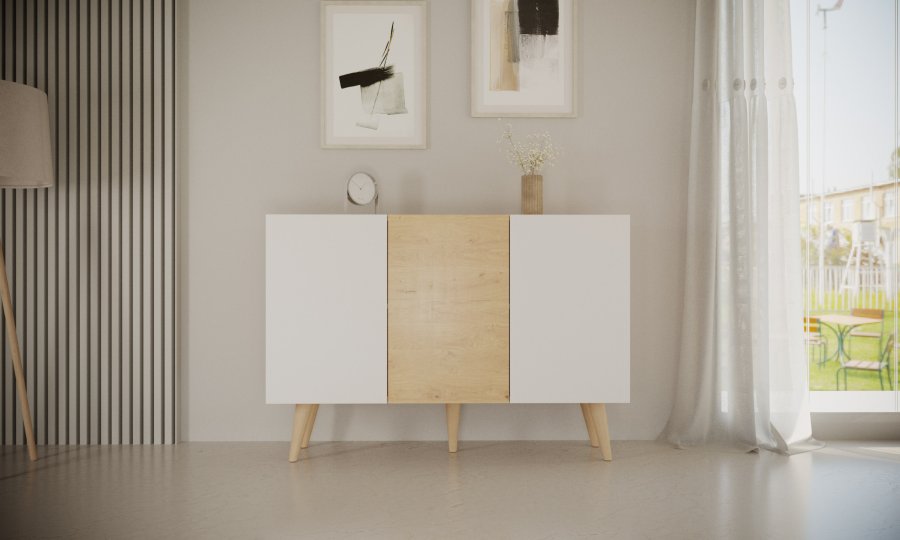 KOCOT Toronto kommode, m. 3 lger og 3 hylder - natur og hvid bgetr