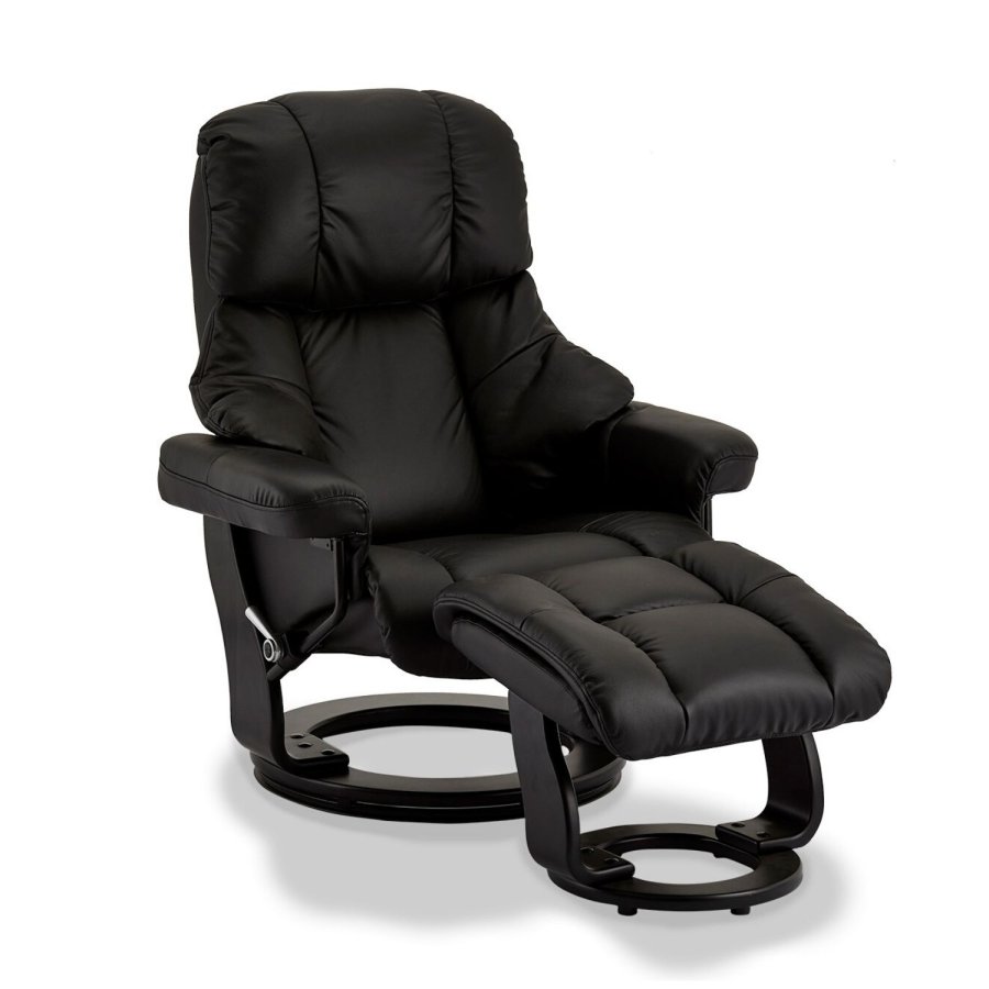 Crown recliner stol - sort lder, inkl. fodskammel