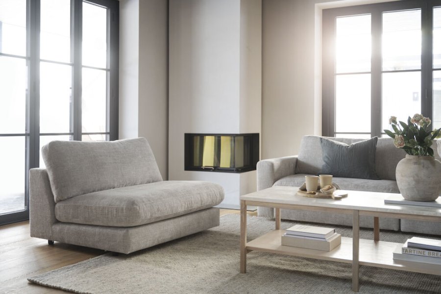 ROWICO Orwel sofabord, m. hylde - beige travertin og hvidvasket eg (140x60)