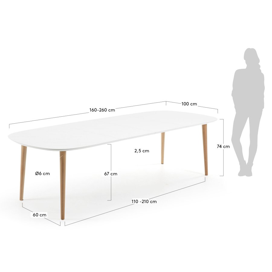 KAVE HOME Oqui spisebord m. tillgsplader, ovalt, hvid MDF 160 (260) x 100 cm