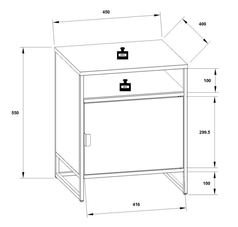 VCM NORDIC Flokas L sengebord, m. 1 bent rum og 1 lge - hvid metal (45x40)