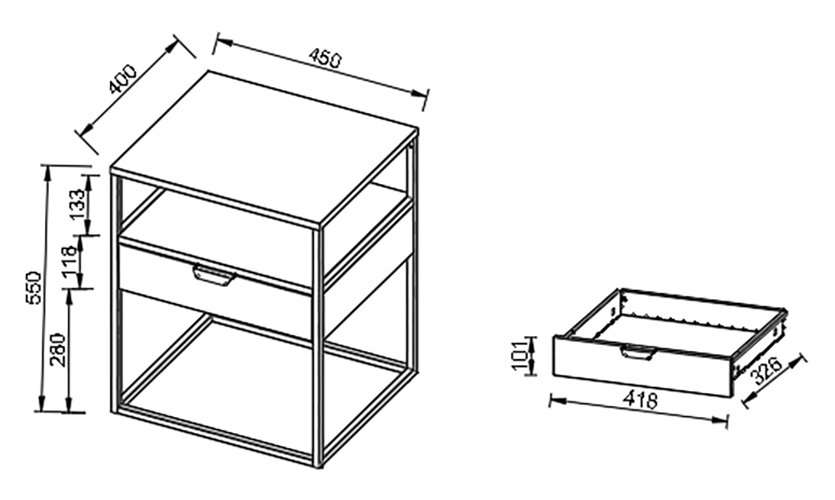 VCM NORDIC Flokas M sengebord, m. 1 bent rum og 1 skuffe - sort metal (45x40)
