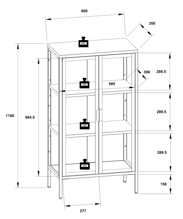 VCM NORDIC Flokas M vgskab, m. 2 lger og 1 hylde - glas og sort stl