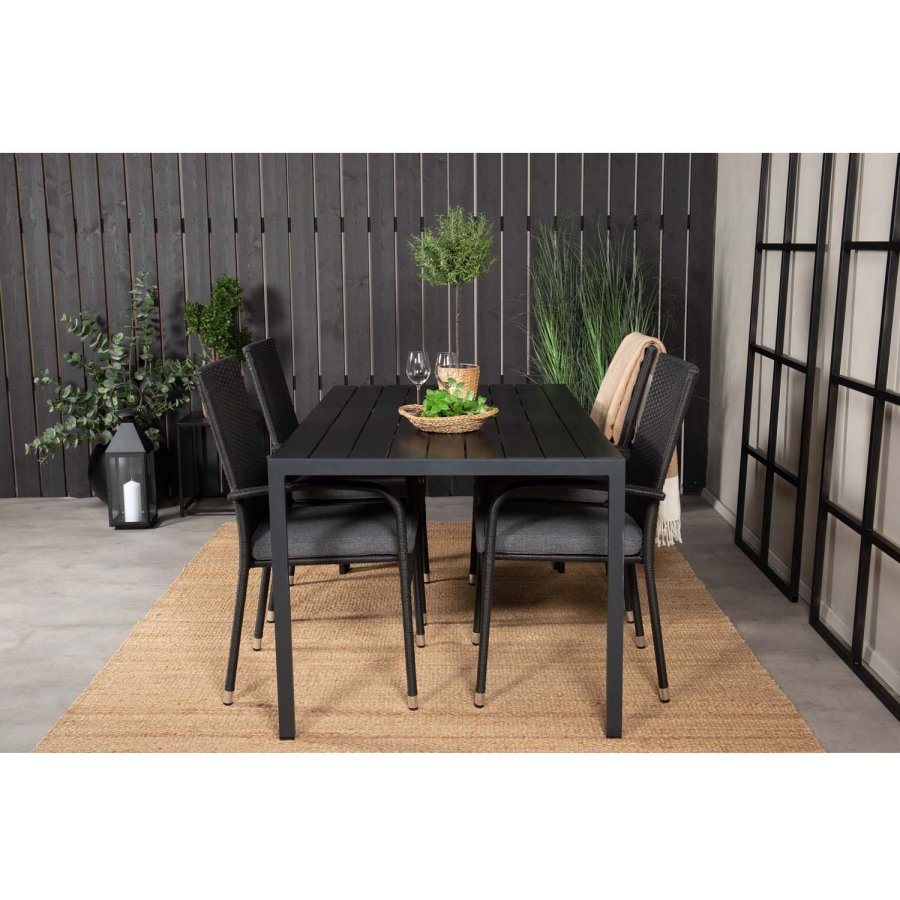 VENTURE DESIGN havest, m. Break bord (150x90) og 4 Anna stole - sort aintwood/alu/rattan 