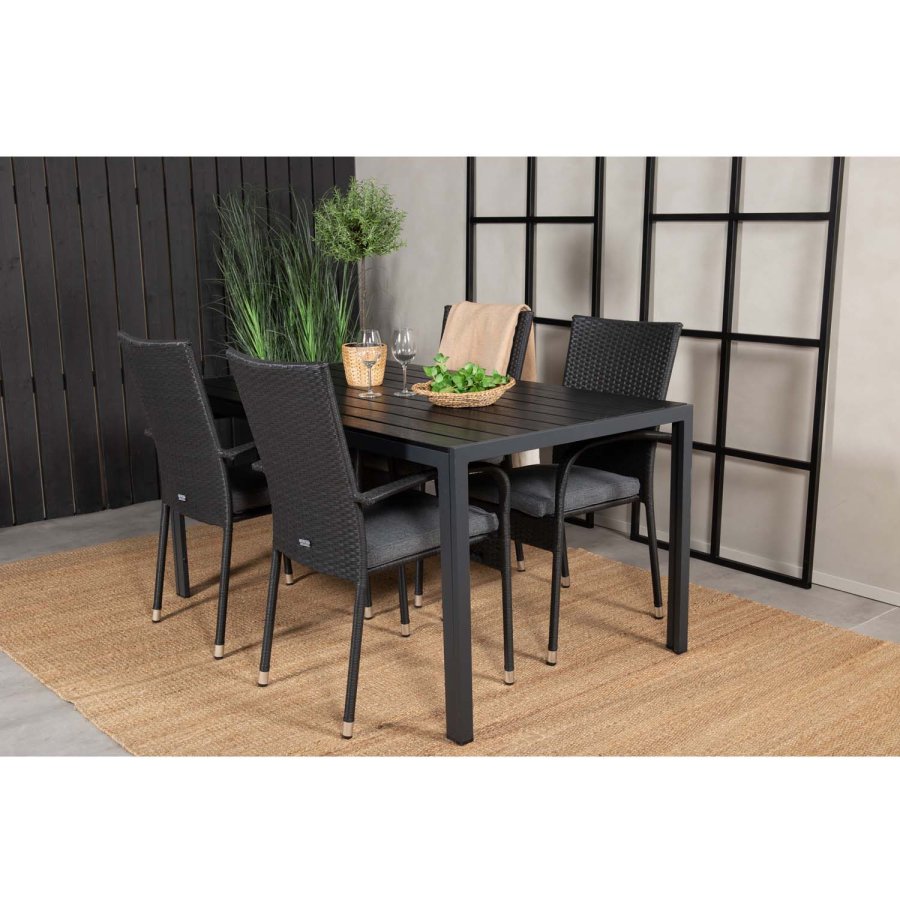 VENTURE DESIGN havest, m. Break bord (150x90) og 4 Anna stole - sort aintwood/alu/rattan 