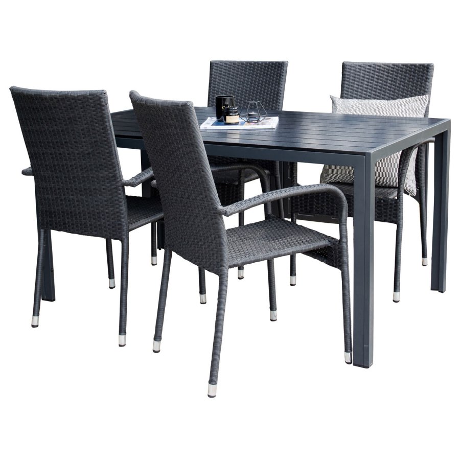 VENTURE DESIGN havest, m. Break bord (150x90) og 4 Anna stole - sort aintwood/alu/rattan 