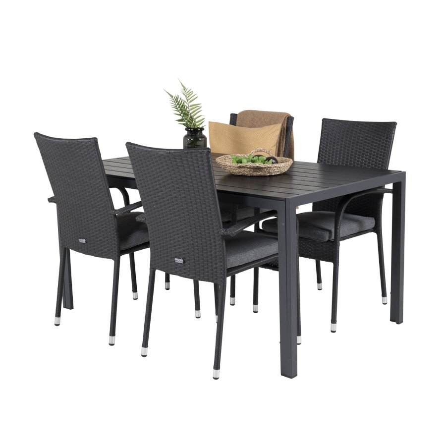 VENTURE DESIGN havest, m. Break bord (150x90) og 4 Anna stole - sort aintwood/alu/rattan 