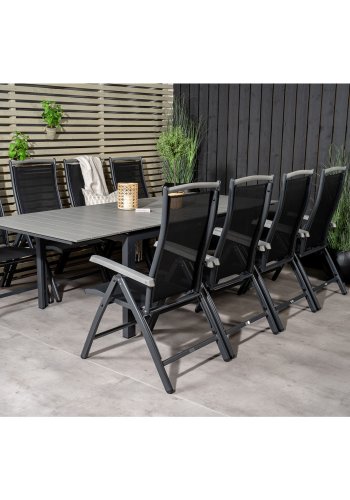 VENTURE DESIGN havest m. Levels bord m. udtrk og 8 Albany stole m. recliner - gr aintwood/sort 