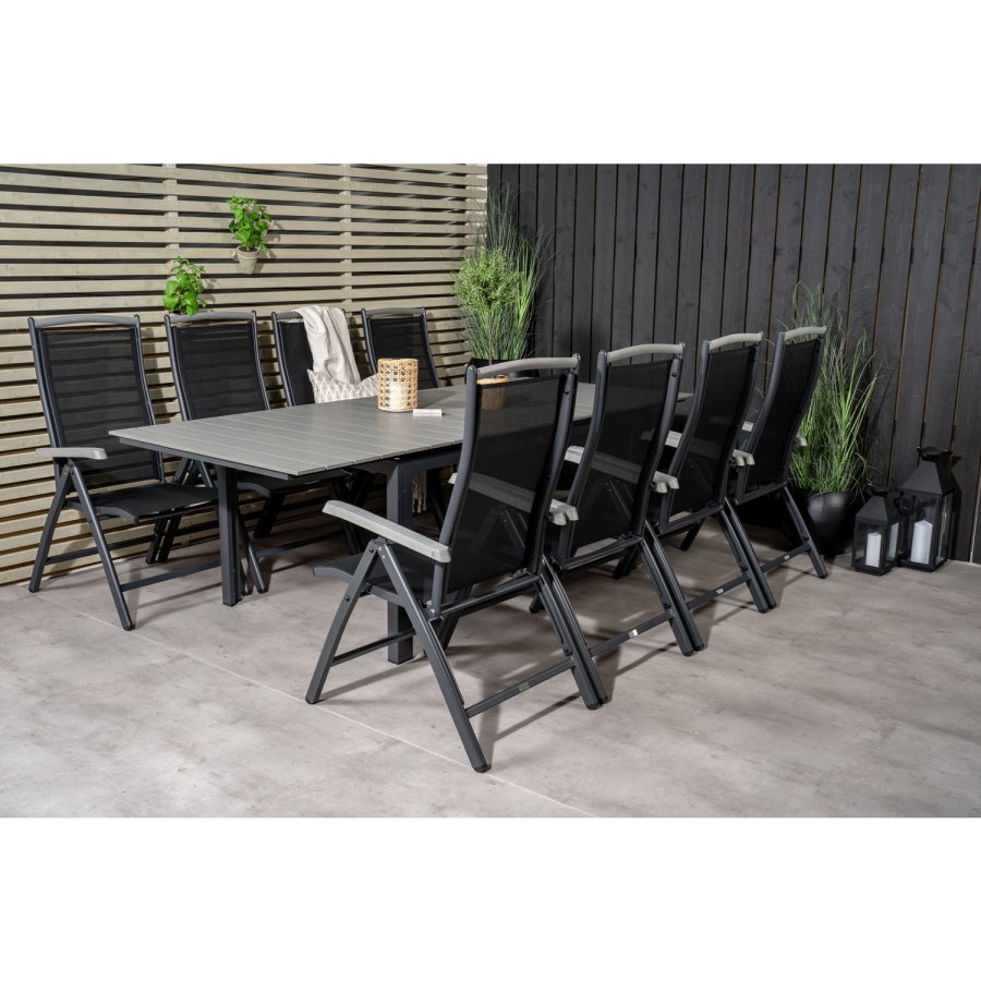 VENTURE DESIGN havest m. Levels bord m. udtrk og 8 Albany stole m. recliner - gr aintwood/sort 