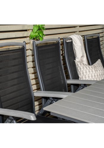 VENTURE DESIGN havest m. Levels bord m. udtrk og 8 Albany stole m. recliner - gr aintwood/sort 