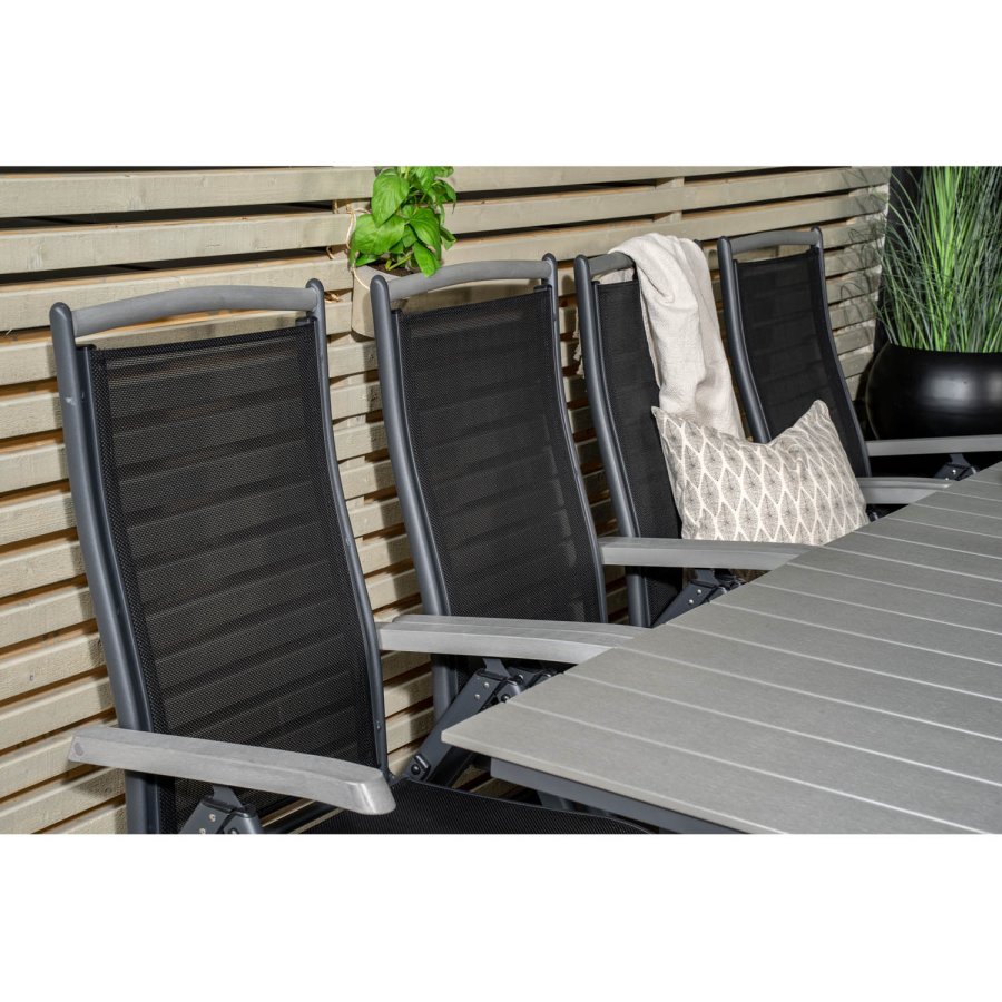 VENTURE DESIGN havest m. Levels bord m. udtrk og 8 Albany stole m. recliner - gr aintwood/sort 