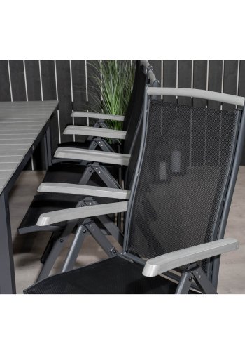 VENTURE DESIGN havest m. Levels bord m. udtrk og 8 Albany stole m. recliner - gr aintwood/sort 