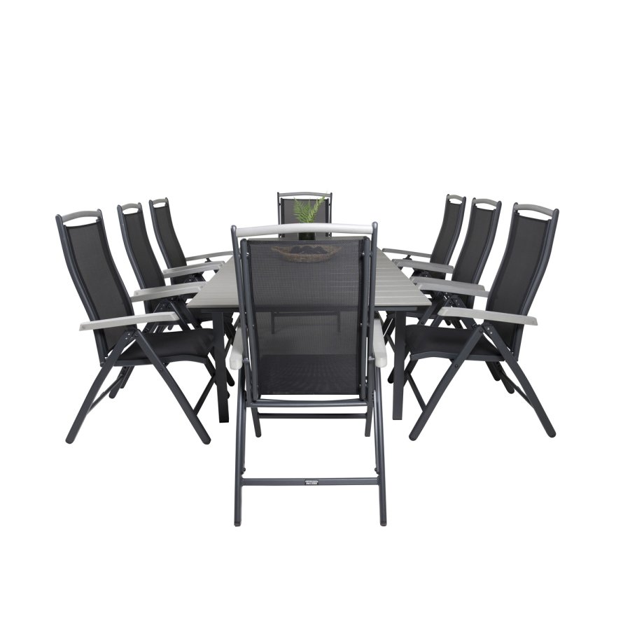 VENTURE DESIGN havest m. Levels bord m. udtrk og 8 Albany stole m. recliner - gr aintwood/sort 