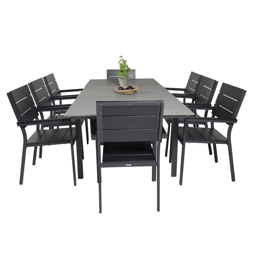 VENTURE DESIGN Levels havest m. bord m. udtrk og 8 stole m. armln - gr/sort aintwood/sort alu