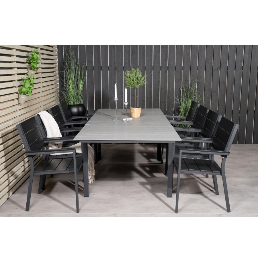 VENTURE DESIGN Levels havest m. bord m. udtrk og 8 stole m. armln - gr/sort aintwood/sort alu