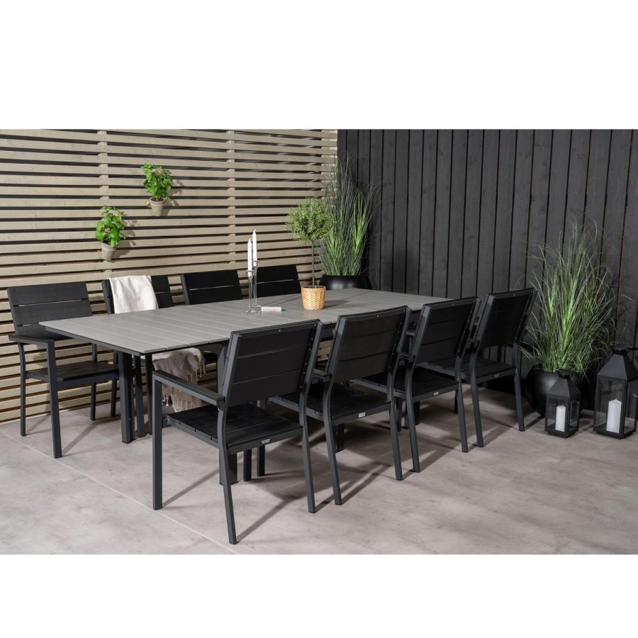 VENTURE DESIGN Levels havest m. bord m. udtrk og 8 stole m. armln - gr/sort aintwood/sort alu