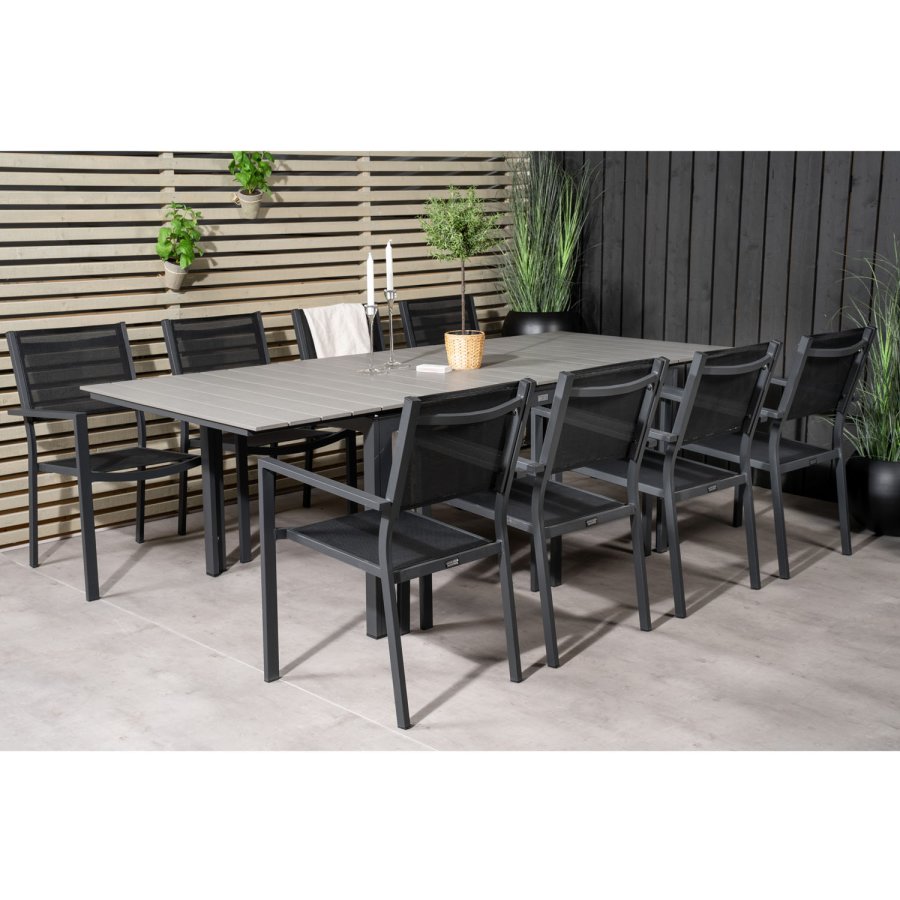 VENTURE DESIGN havest m Levels bord m udtrk og 8 Copacabana stole m armln - gr aintwood/sort alu