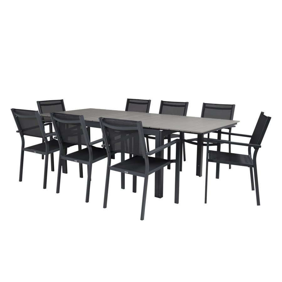 VENTURE DESIGN havest m Levels bord m udtrk og 8 Copacabana stole m armln - gr aintwood/sort alu