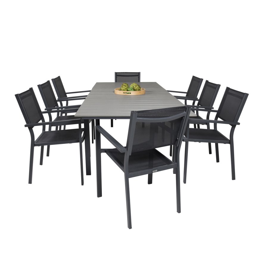 VENTURE DESIGN havest m Levels bord m udtrk og 8 Copacabana stole m armln - gr aintwood/sort alu