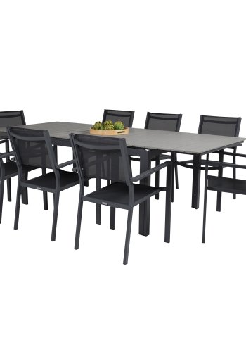 VENTURE DESIGN havest m Levels bord m udtrk og 8 Copacabana stole m armln - gr aintwood/sort alu