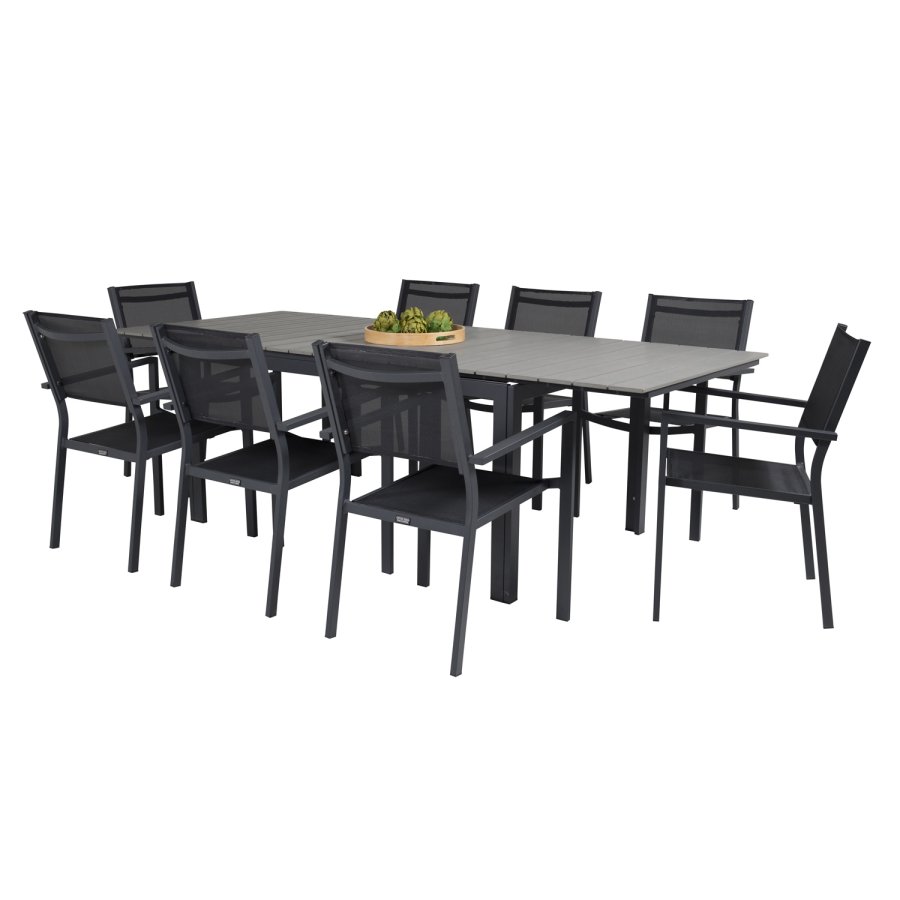 VENTURE DESIGN havest m Levels bord m udtrk og 8 Copacabana stole m armln - gr aintwood/sort alu