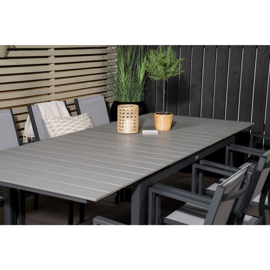 VENTURE DESIGN havest m Levels bord m udtrk og 8 Copacabana stole m armln - gr aintwood/textilen