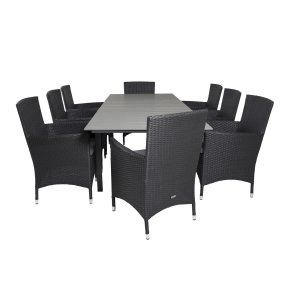 VENTURE DESIGN havest m Levels bord m. udtrk og 8 Malin stole m. armln - sort rattan/gr aintwood