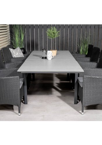 VENTURE DESIGN havest m Levels bord m. udtrk og 8 Malin stole m. armln - sort rattan/gr aintwood