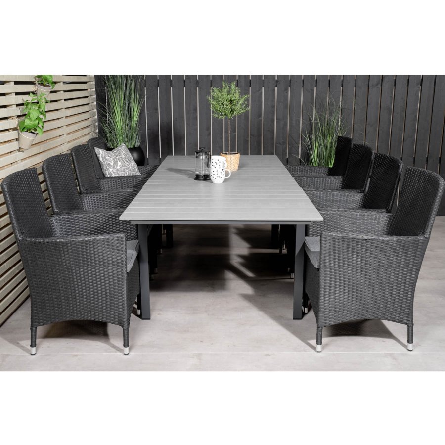 VENTURE DESIGN havest m Levels bord m. udtrk og 8 Malin stole m. armln - sort rattan/gr aintwood