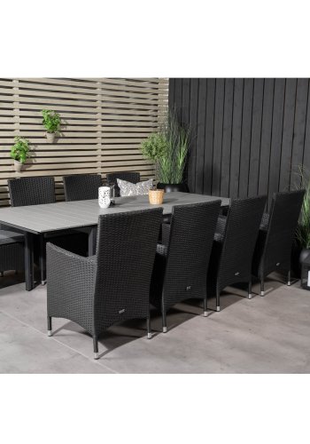 VENTURE DESIGN havest m Levels bord m. udtrk og 8 Malin stole m. armln - sort rattan/gr aintwood
