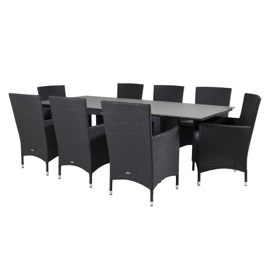 VENTURE DESIGN havest m Levels bord m. udtrk og 8 Malin stole m. armln - sort rattan/gr aintwood